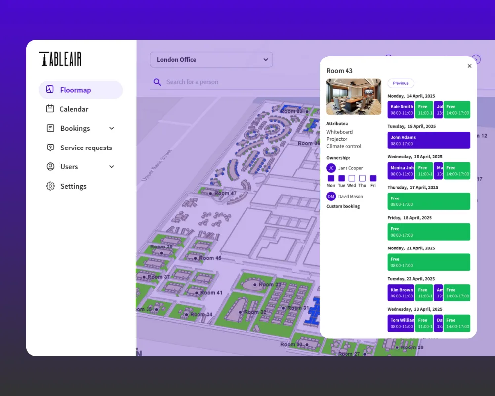 Office hoteling app and software booking window
