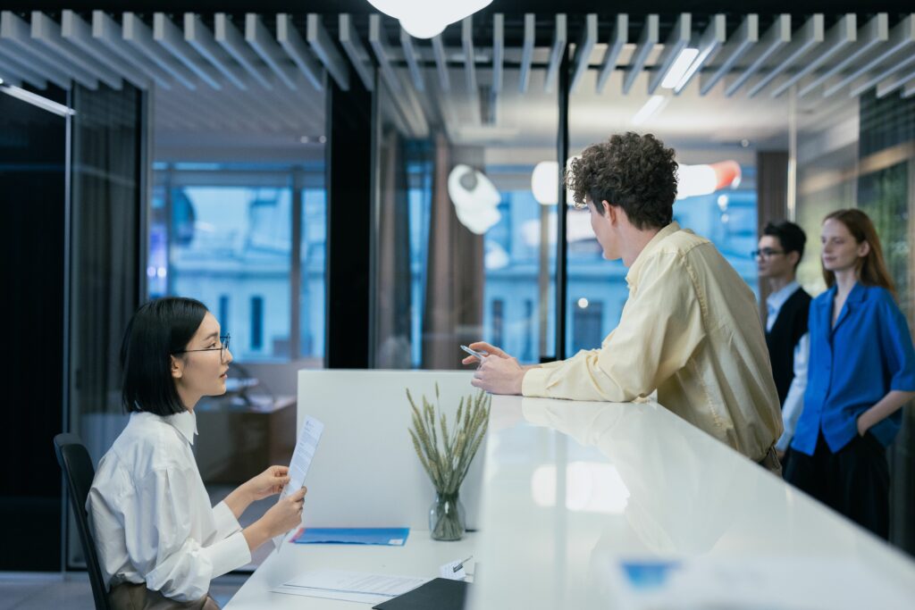 Busy modern office reception